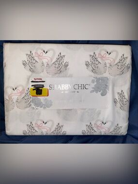 Shabby Chic White Sheet Set with Pink & Gray Swan Motif